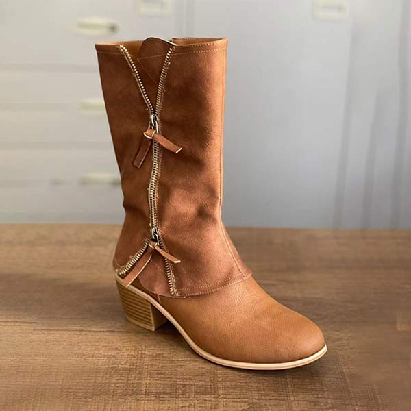 Layla | Medium Chunky Heel Side Zip Leather Boots