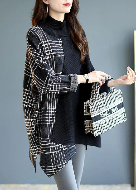 Rosemary™ | Italian Black Asymmetrical Design Patchwork Plaid Knit Sweater