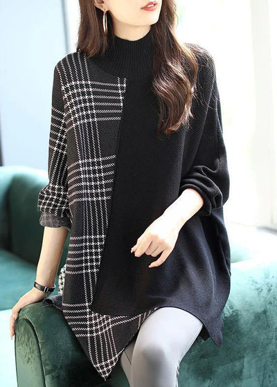 Rosemary™ | Italian Black Asymmetrical Design Patchwork Plaid Knit Sweater