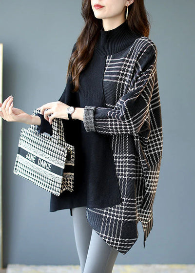 Rosemary™ | Italian Black Asymmetrical Design Patchwork Plaid Knit Sweater