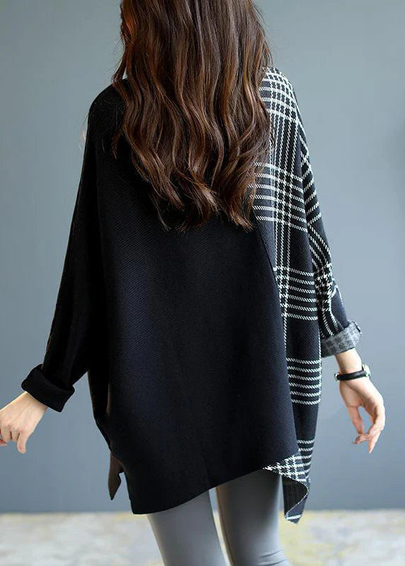 Rosemary™ | Italian Black Asymmetrical Design Patchwork Plaid Knit Sweater